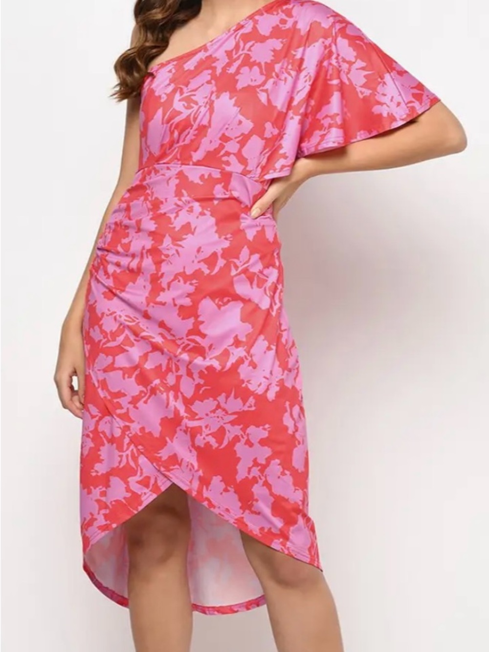 Source Unknown One-Shoulder Coral & Pink Floral Wrap Dress